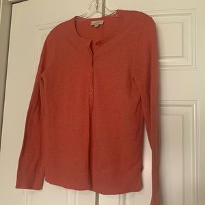 Cardigan - long sleeve, heather gray/orange. Not bright.
